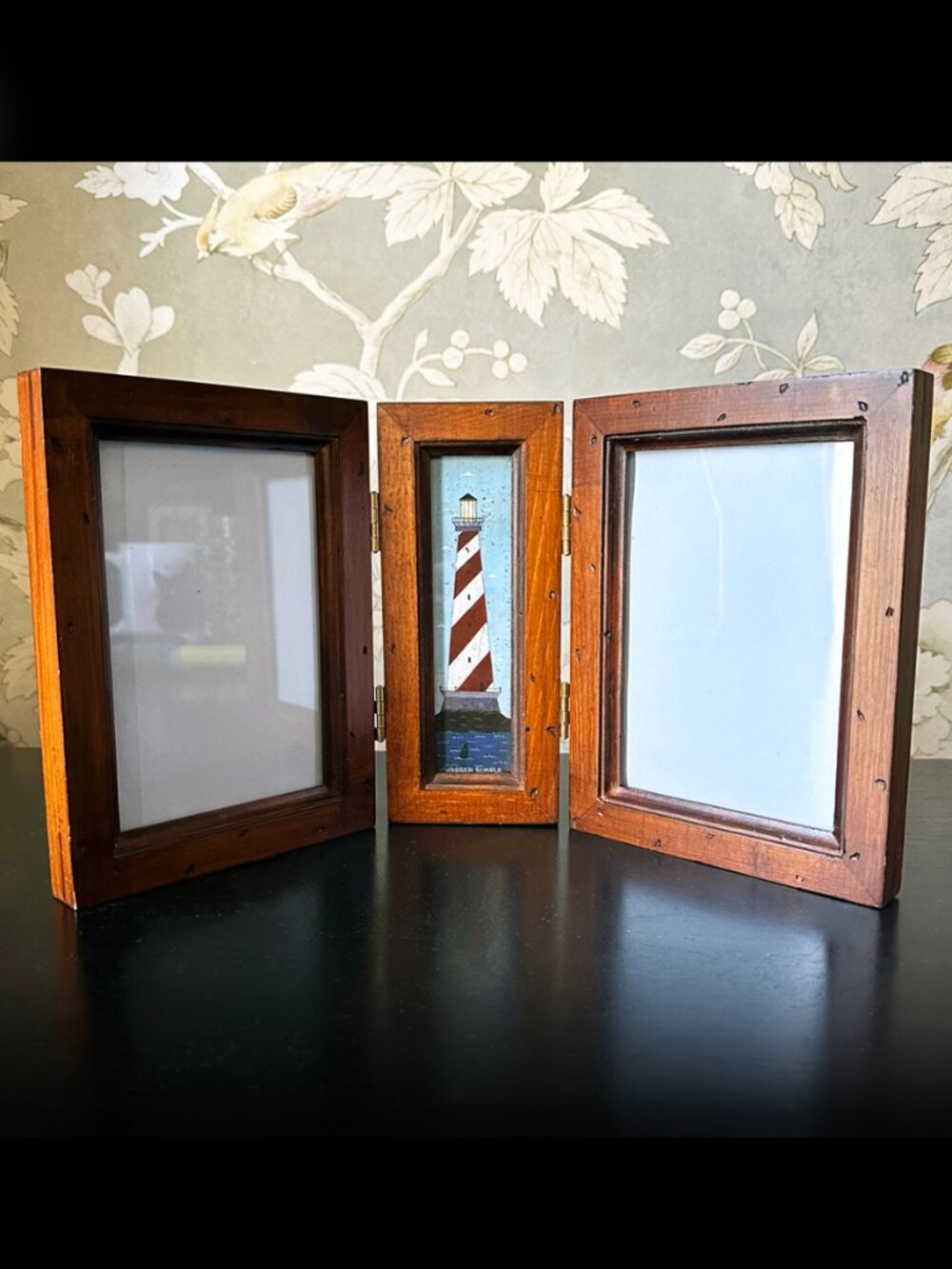 Vintage 90s Warren Kimble Lighthouse Tri-fold Picture Frame for Two 4x6 Photos